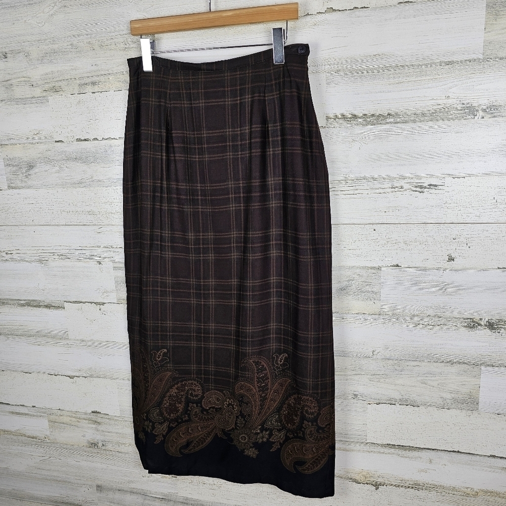 VTG Breeches Tartan Plaid Wool Blend Maxi Skirt Sz 12 Brown Paisley Academia - Picture 3 of 15